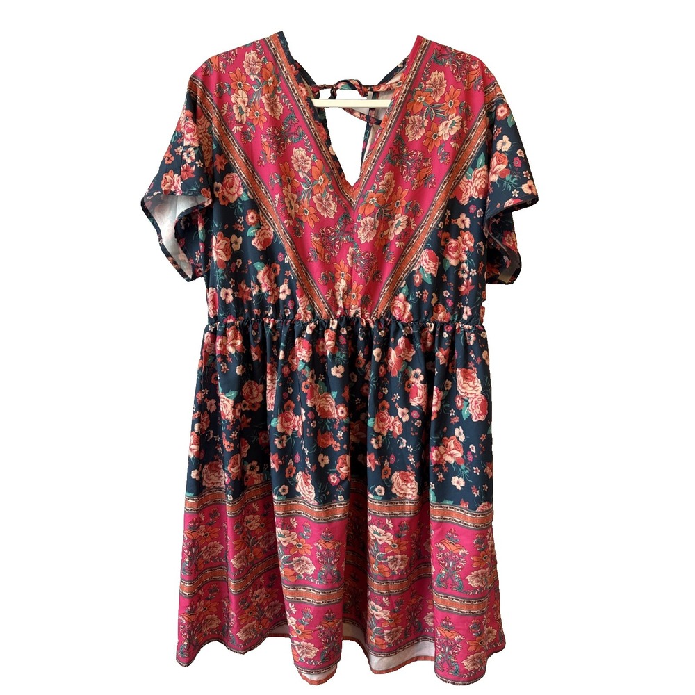 Boho Cottage C Neck Back Tie Floral Short Sleeve Dress Women's 3XL Summer Travel